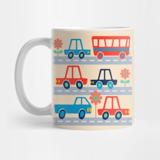 RUSH HOUR Retro Kids Traffic Transportation Vehicles Cars Trucks Bus on Roads - UnBlink Studio by Jackie Tahara Mug